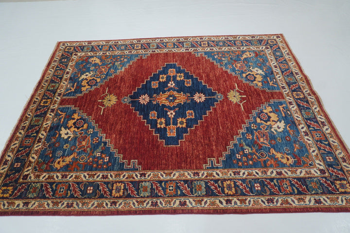 5x7 Serapi Red Blue Persian Style Hand Knotted wool Traditional Rug - Yildiz Rugs