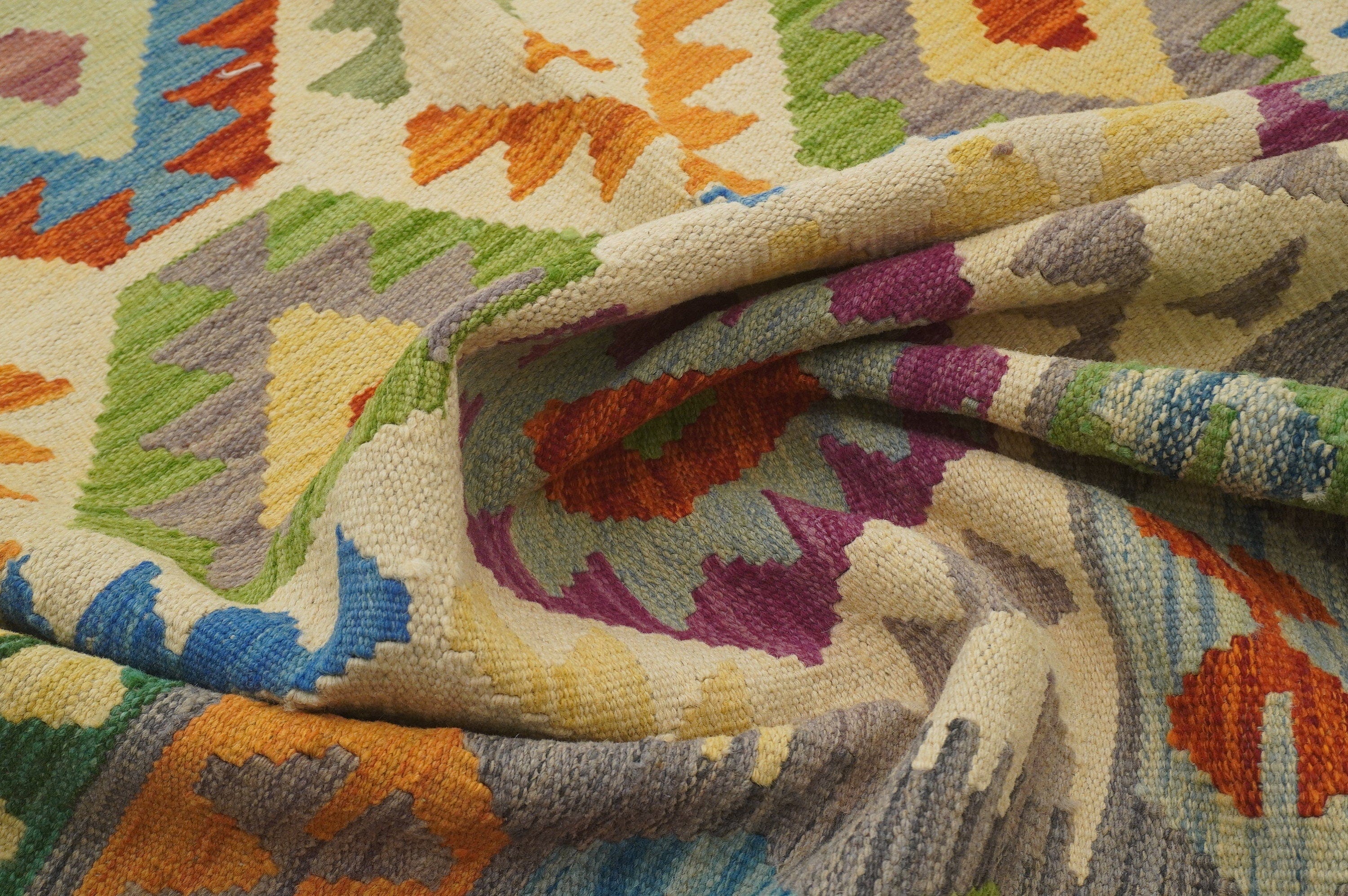 9x12 Beige Afghan Hand woven Flat weave Wool Large Kilim Area Rug - Yildiz Rugs