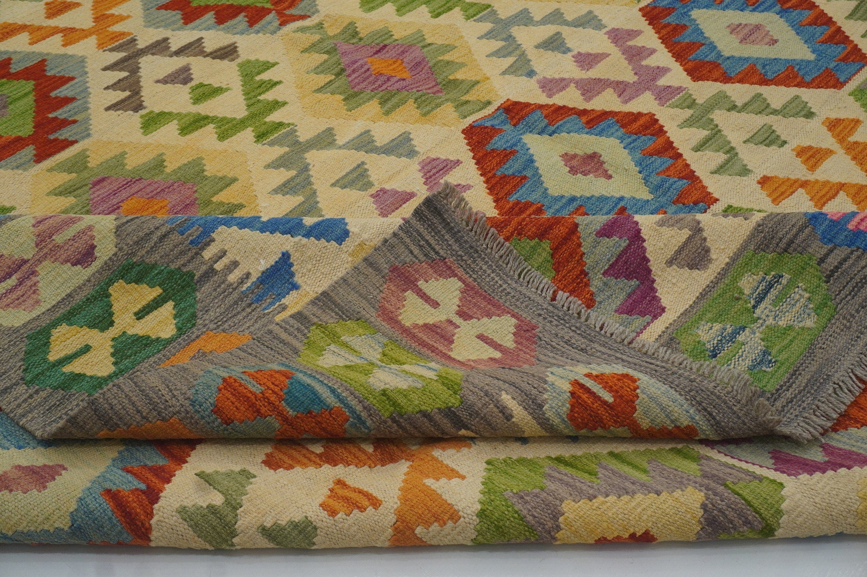 9x12 Beige Afghan Hand woven Flat weave Wool Large Kilim Area Rug - Yildiz Rugs