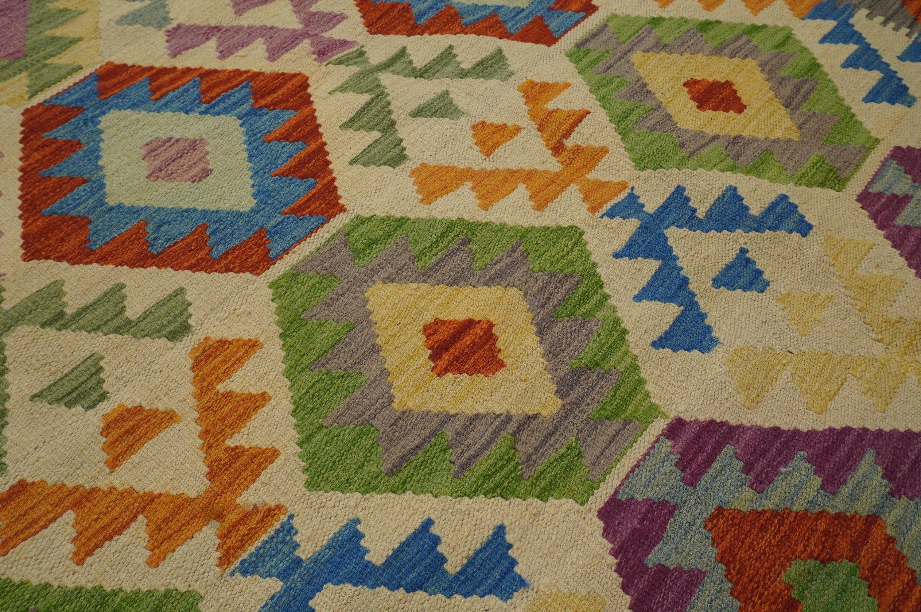 9x12 Beige Afghan Hand woven Flat weave Wool Large Kilim Area Rug - Yildiz Rugs