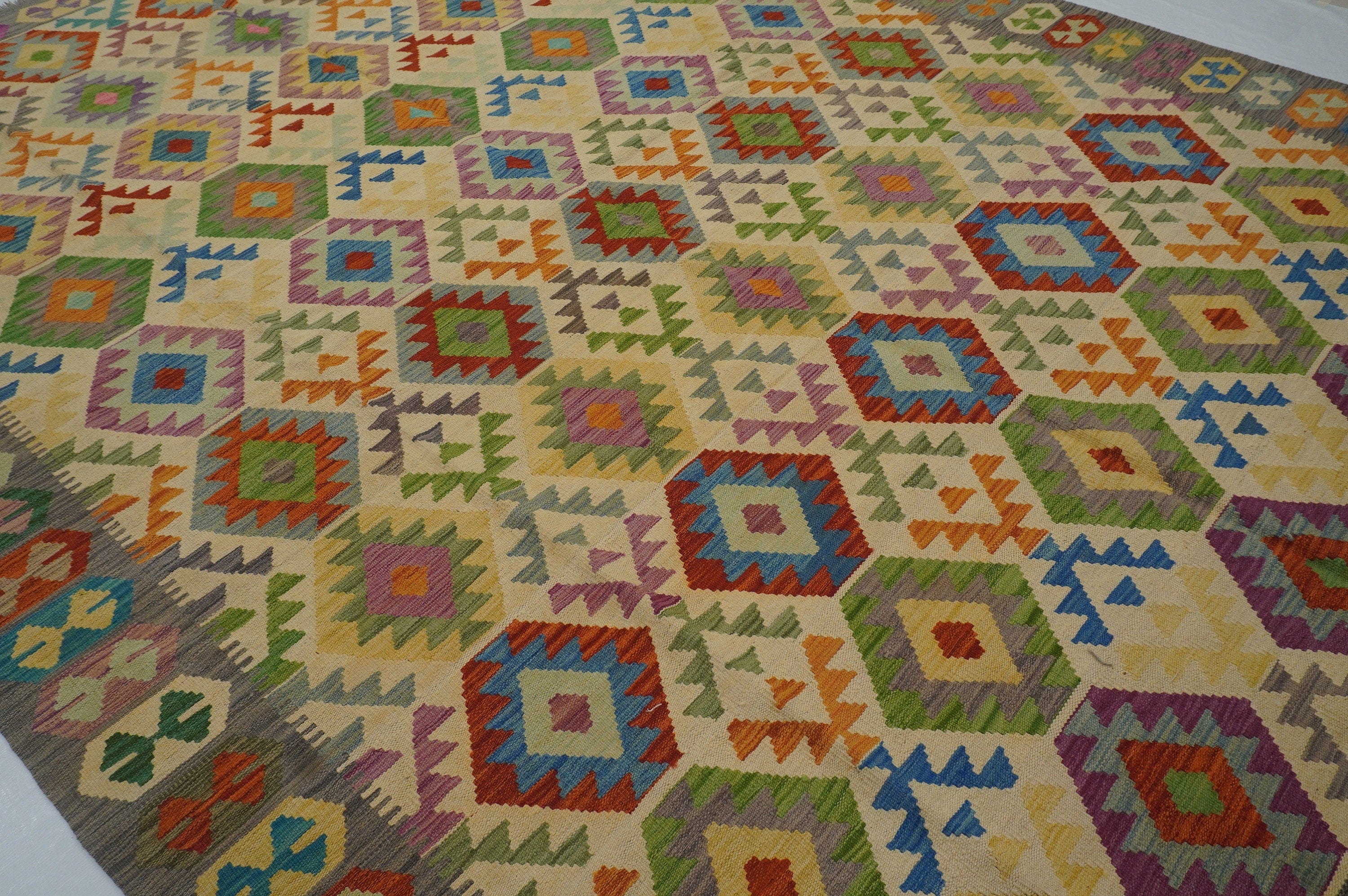 9x12 Beige Afghan Hand woven Flat weave Wool Large Kilim Area Rug - Yildiz Rugs