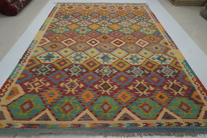 9x12 Multicolor Bohemian Afghan Hand woven Wool Kilim Area Rug - Yildiz Rugs