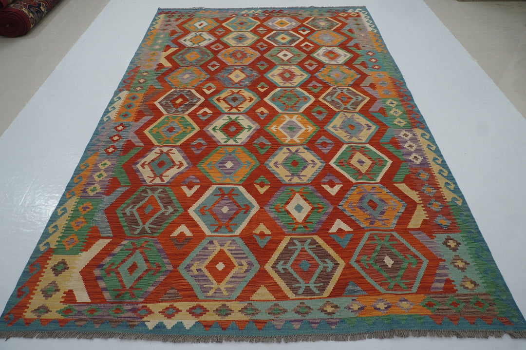 7x10 Red Afghan Hand woven Flat weave Wool Kilim Area Rug - Yildiz Rugs