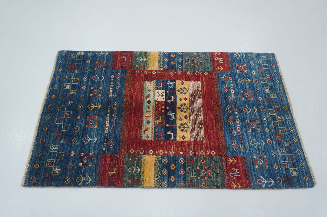 2'7x4'0 Tribal Gabbeh Navy Blue Nomadic Hand knotted 3x4 Rug