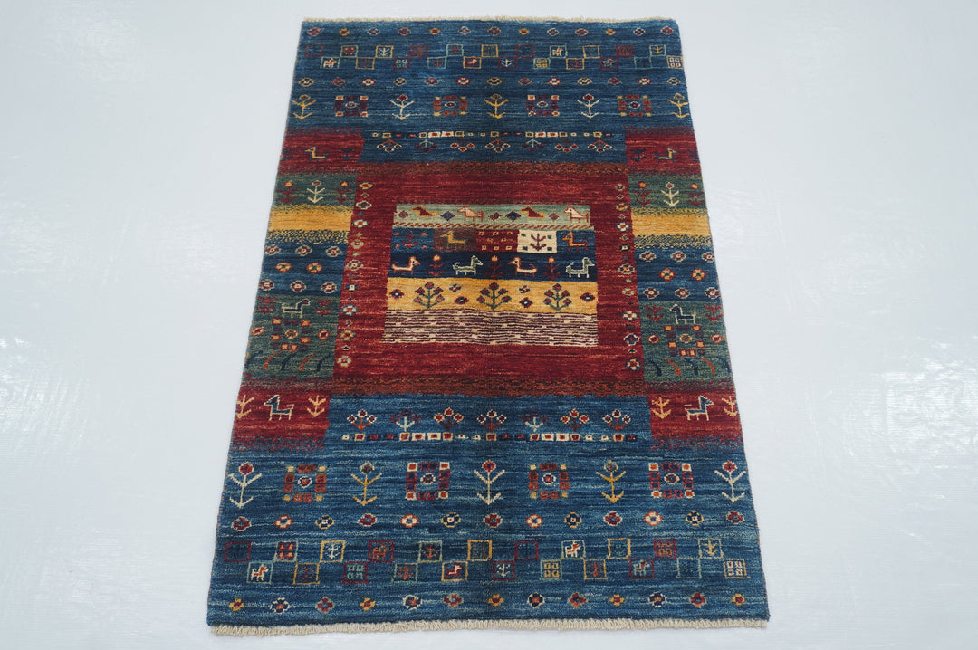 2'7x4'0 Tribal Gabbeh Navy Blue Nomadic Hand knotted 3x4 Rug