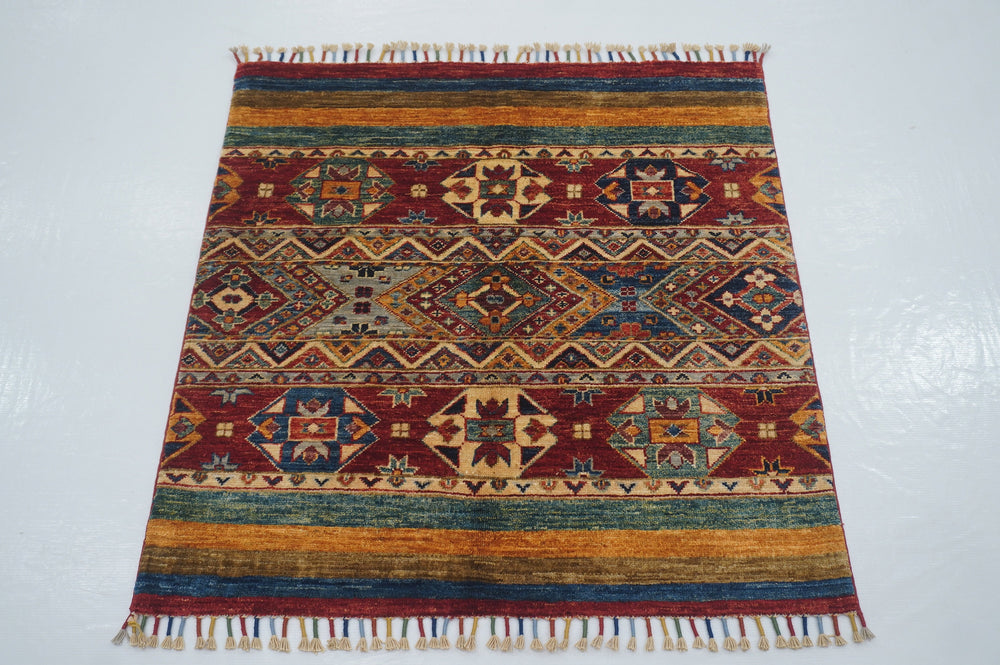 3x3 Tribal Square Red Afghan Hand knotted Rug - Yildiz Rugs