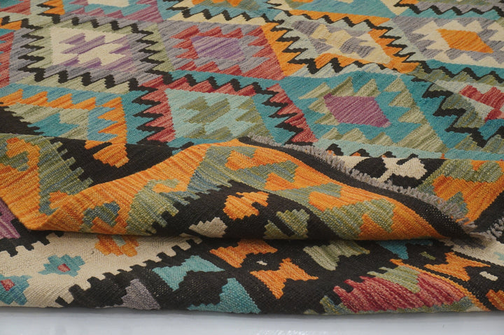 9x12 Black Orange Afghan Hand woven Wool Kilim Area Rug