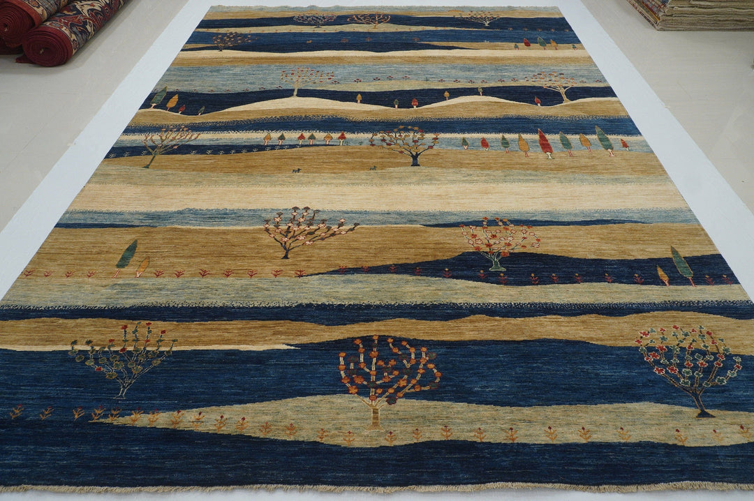 SOLD 9x12 Gabbeh Navy Blue Tribal Afghan Landscape Hand knotted Area Rug