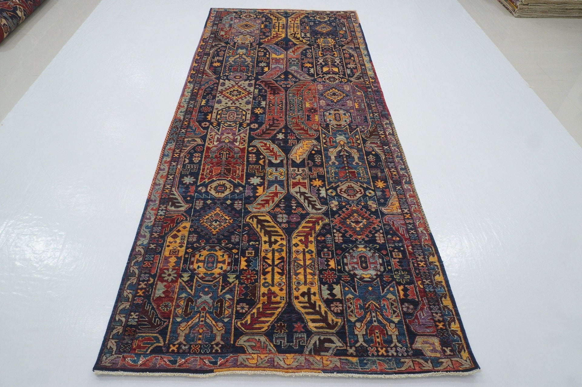 4x10 Navy Blue Baluch Tribal Afghan Hand knotted Wool Wide Runner Rug - Yildiz Rugs