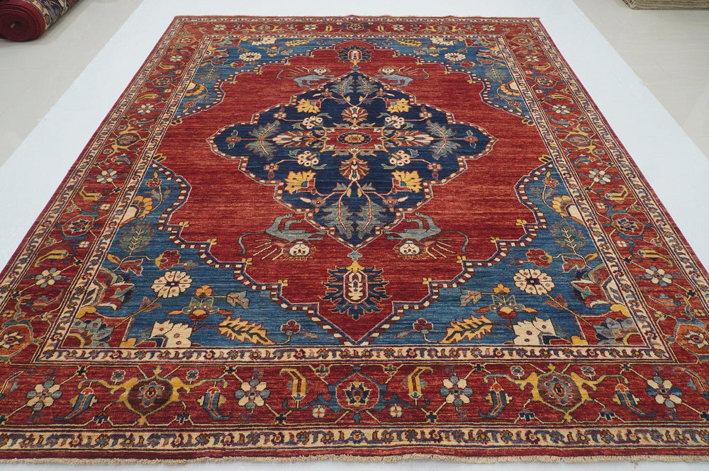 8x10 Qashqai Lion Red Blue Persian style Hand Knotted Wool Area Rug - Yildiz Rugs