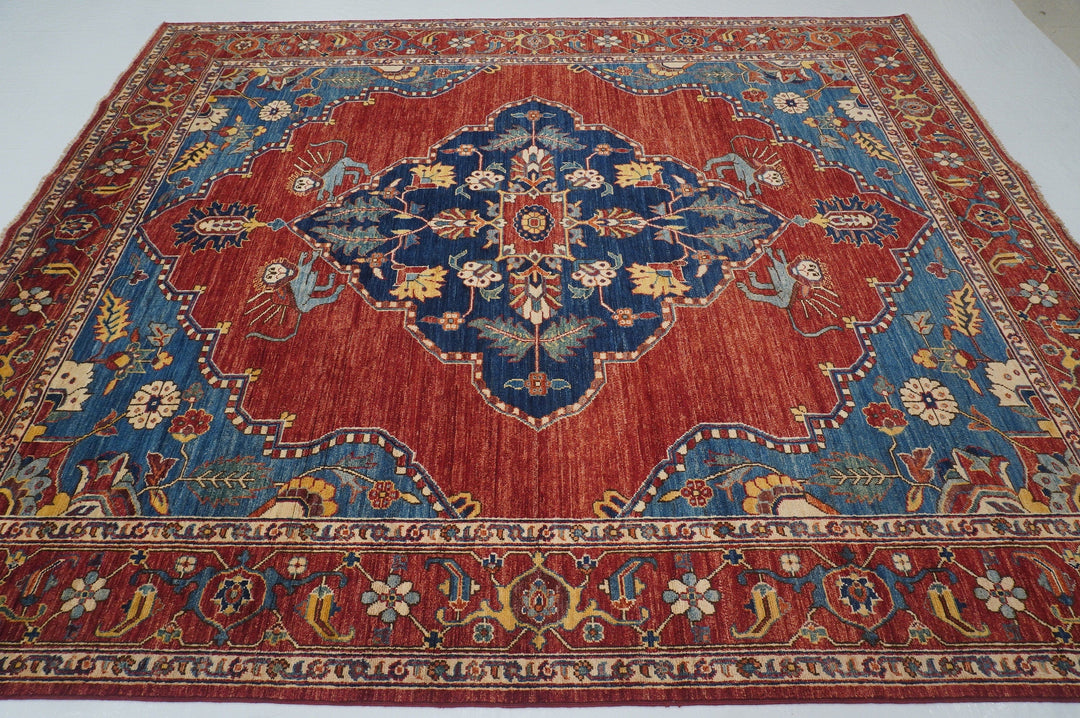 8x10 Qashqai Lion Red Blue Persian style Hand Knotted Wool Area Rug - Yildiz Rugs