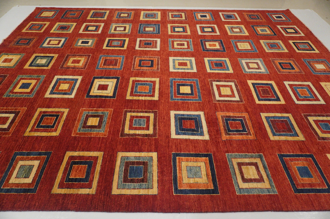 10x13 Gabbeh Deep Red Abstract Afghan Hand knotted Wool Area Rug
