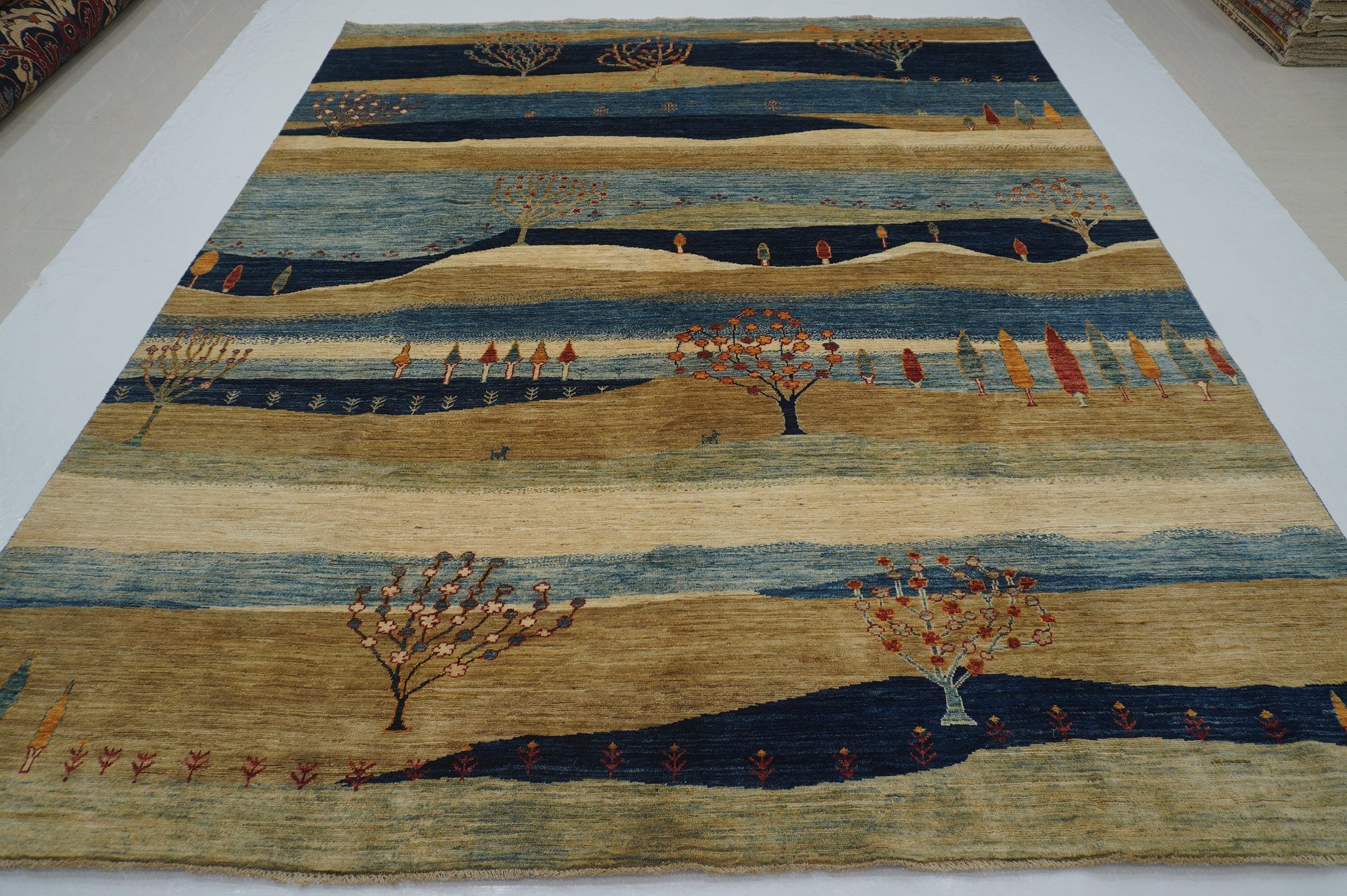 8x10 Gabbeh Navy Blue Beige Tribal Landscape Afghan Hand knotted Rug - Yildiz Rugs