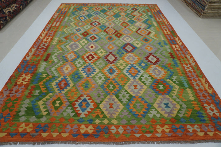 8'4x11'6 Afghan Kilim Green Orange Hand woven Wool Rug - Yildiz Rugs