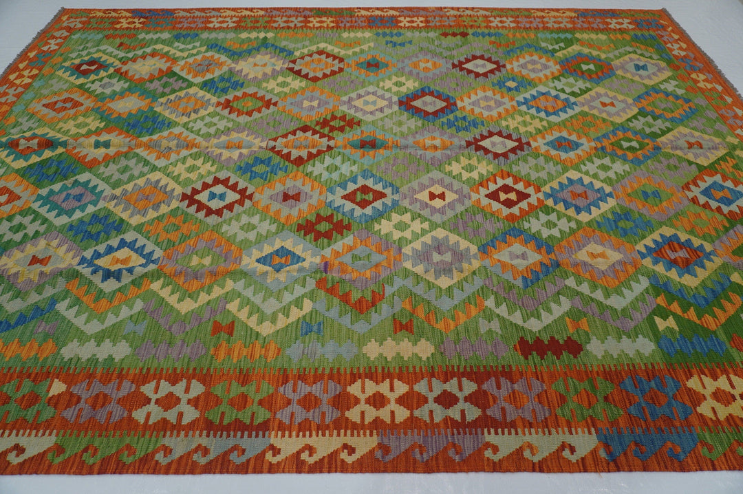 8'4x11'6 Afghan Kilim Green Orange Hand woven Wool Rug - Yildiz Rugs