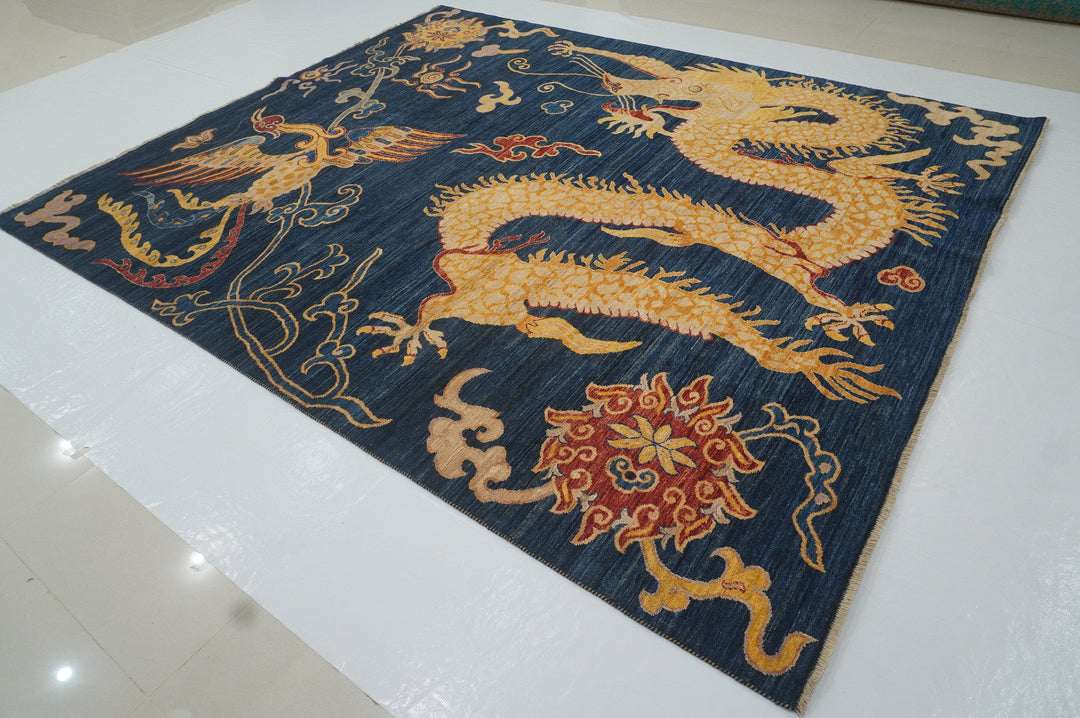 8x10 Dragon Phoenix Navy Blue Chinese Hand knotted Wool Area Rug - Yildiz Rugs