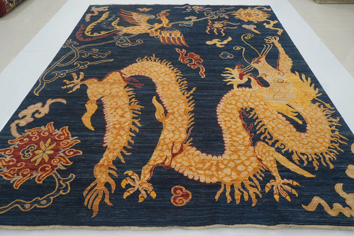 8x10 Dragon Phoenix Navy Blue Chinese Hand knotted Wool Area Rug - Yildiz Rugs