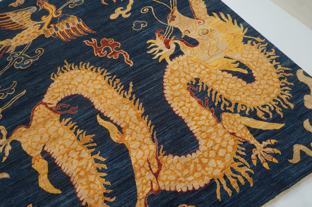 8x10 Dragon Phoenix Navy Blue Chinese Hand knotted Wool Area Rug - Yildiz Rugs