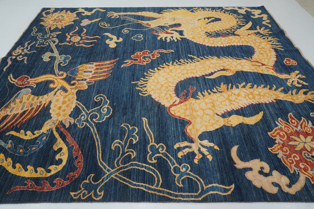 8x10 Dragon Phoenix Navy Blue Chinese Hand knotted Wool Area Rug - Yildiz Rugs