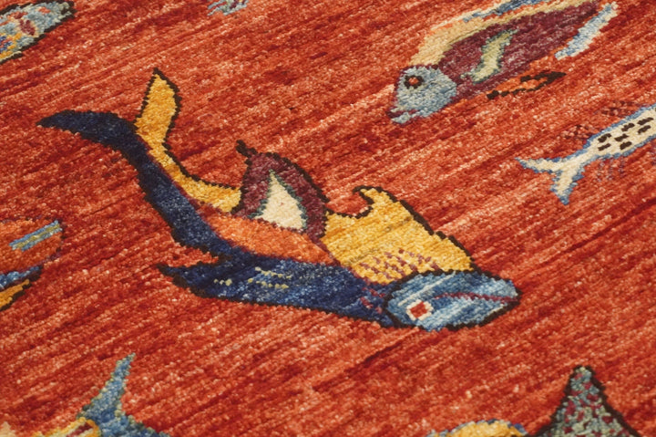 10x14 Fish Gabbeh Rusty Red Afghan Hand knotted wool Tribal Area Rug - Yildiz Rugs