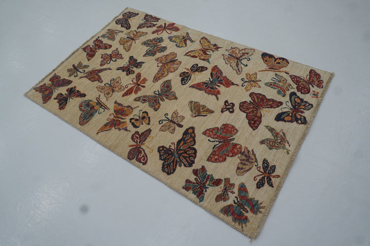 3x5 Butterfly Beige Gabbeh Afghan hand knotted wool Area Rug - Yildiz Rugs