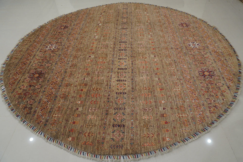 10x10 Afghan Undyed Gray Gabbeh Hand knotted Wool Large Circle Rug - Yildiz Rugs