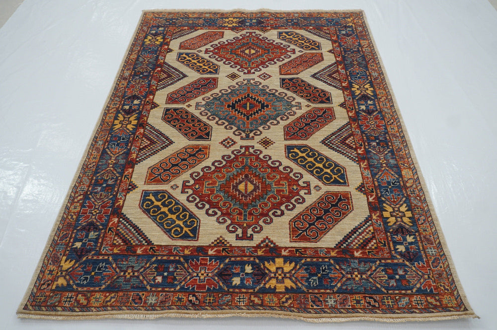 5x7 Boho Kazak Gray Blue Afghan Hand knotted Wool Geometric Rug - Yildiz Rugs