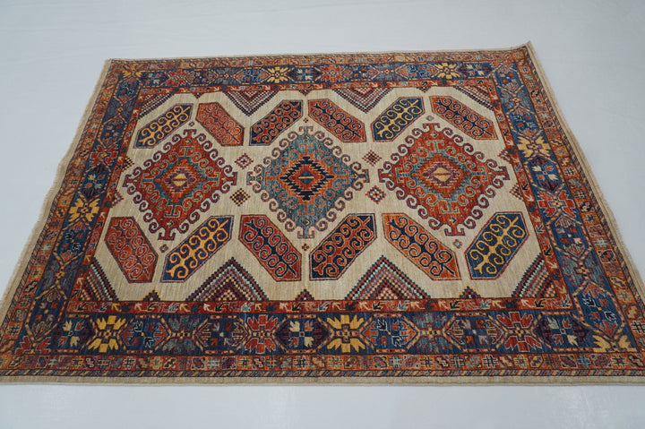 5x7 Boho Kazak Gray Blue Afghan Hand knotted Wool Geometric Rug - Yildiz Rugs