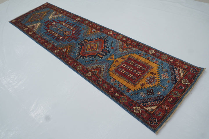 10 Ft Malayer Blue Afghan hand knotted Wool Runner Rug - Yildiz Rugs