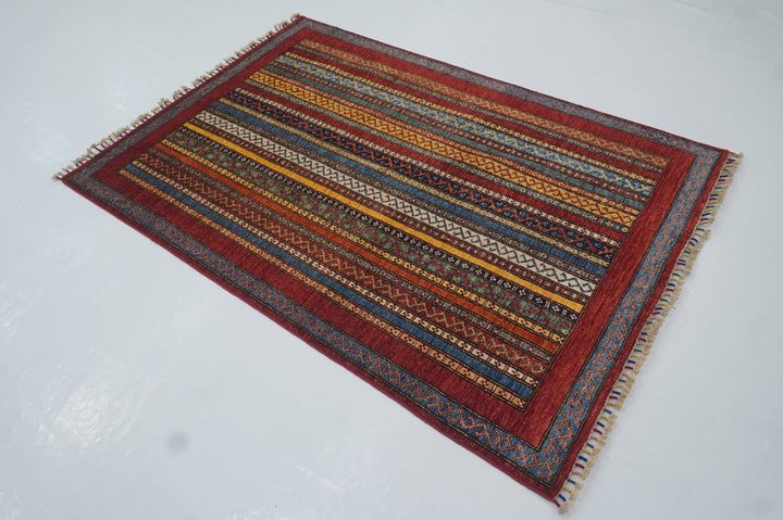 4x6 Boho Turkish Red Shawl Pattern Hand knotted Wool Striped Rug - Yildiz Rugs