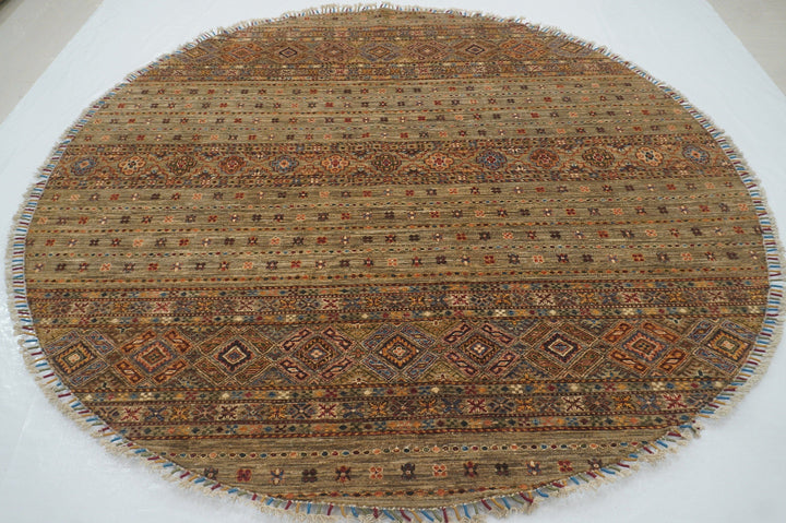 8x8 Afghan Undyed Gray Nomadic Gabbeh Hand knotted Wool Circle Rug - Yildiz Rugs