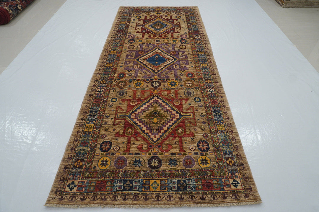 4x10 Kazak Gray Beige Afghan Hand knotted wool Wide Runner Rug - Yildiz Rugs