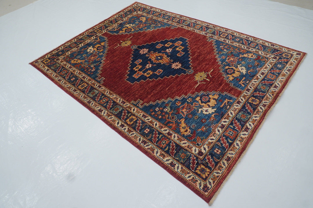 5x7 Serapi Red Blue Persian Style Hand Knotted wool Traditional Rug - Yildiz Rugs