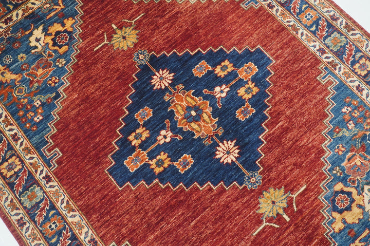 5x7 Serapi Red Blue Persian Style Hand Knotted wool Traditional Rug - Yildiz Rugs