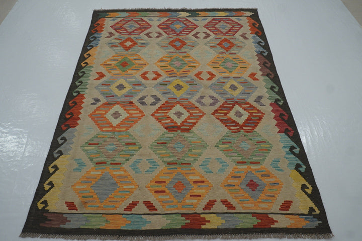 5x7 Beige Bohemian Afghan Hand woven flat weave Wool Kilim Area Rug - Yildiz Rugs