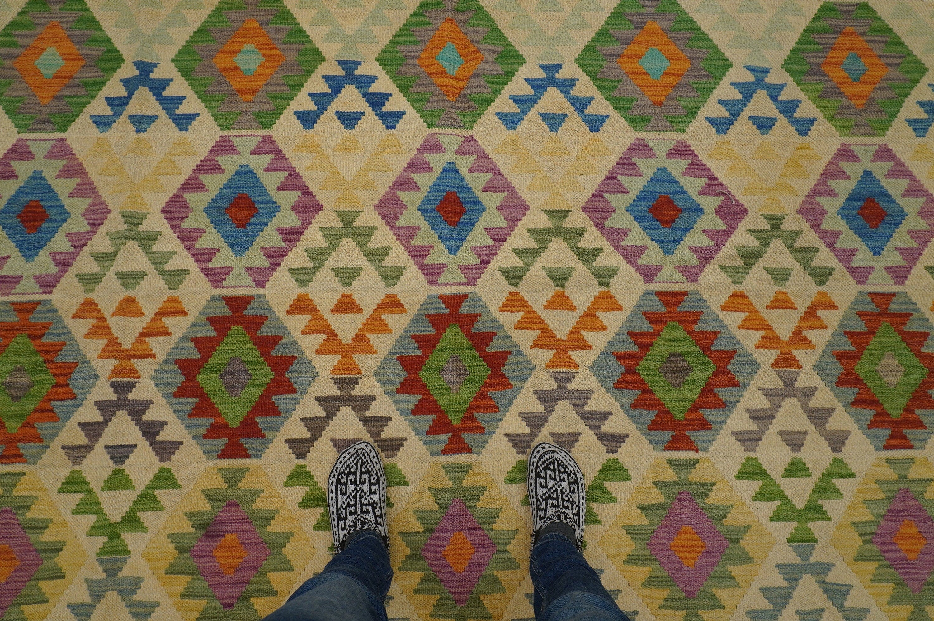 9x12 Beige Afghan Hand woven Flat weave Wool Large Kilim Area Rug - Yildiz Rugs