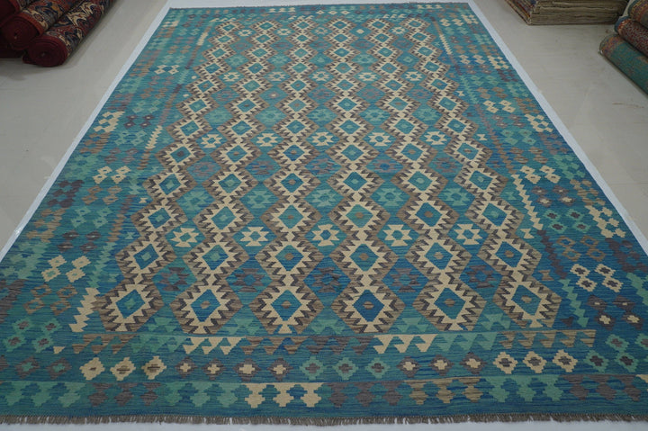 10x13 Turquoise Blue Boho Afghan Hand woven Wool Kilim Area Rug