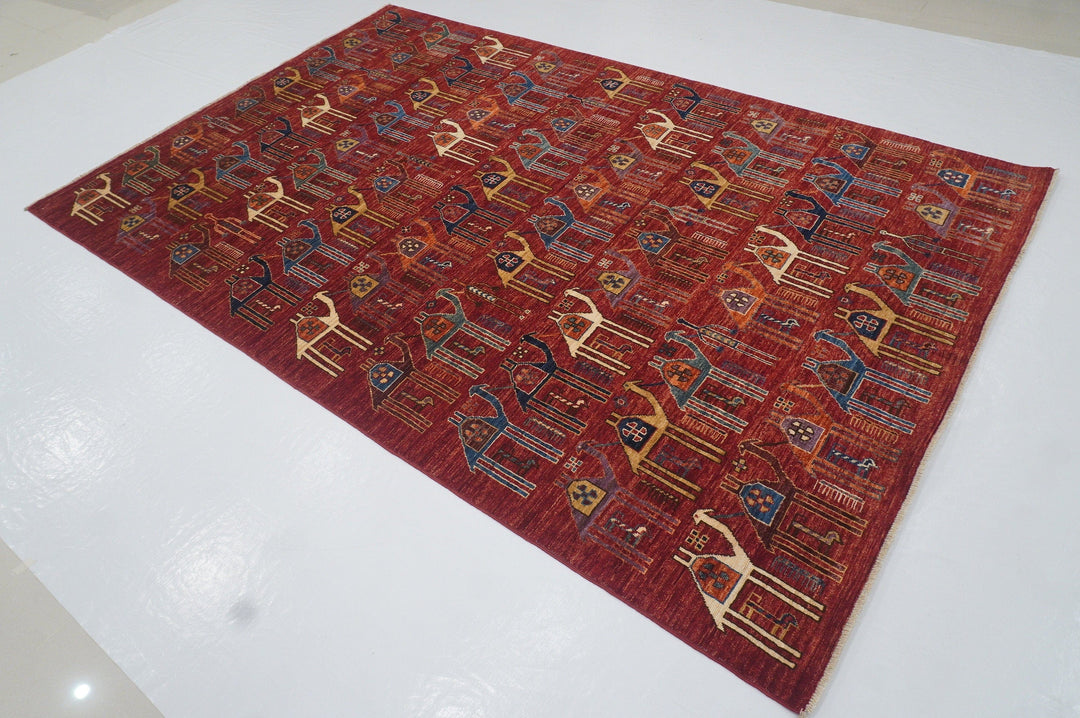 6x9 Camel Train Red Gabbeh Afghan Hand knotted wool Area Rug - Yildiz Rugs