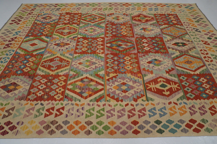 8'6x11'3 Red Beige Afghan Hand woven Wool Kilim Area Rug - Yildiz Rugs