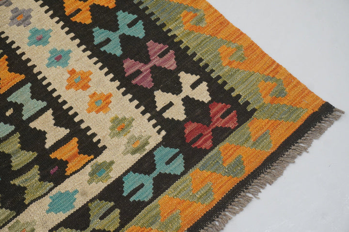 9x12 Black Orange Afghan Hand woven Wool Kilim Area Rug