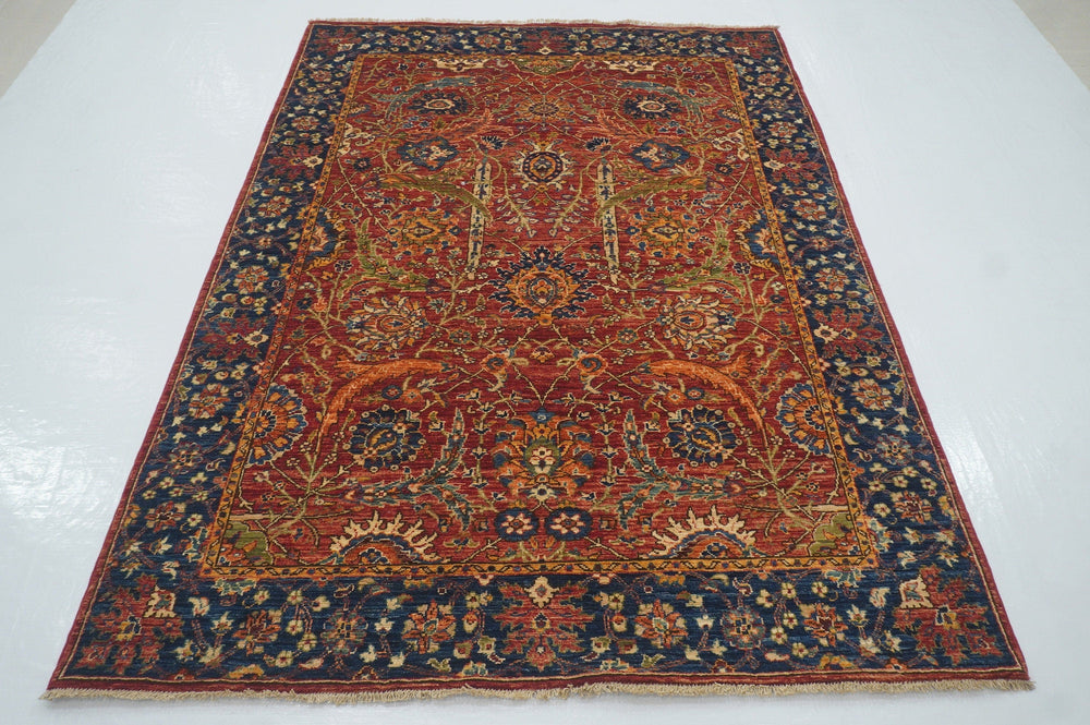 5x7 Red Sickle Leaf Afghan Hand Knotted wool Oriental Area Rug - Yildiz Rugs