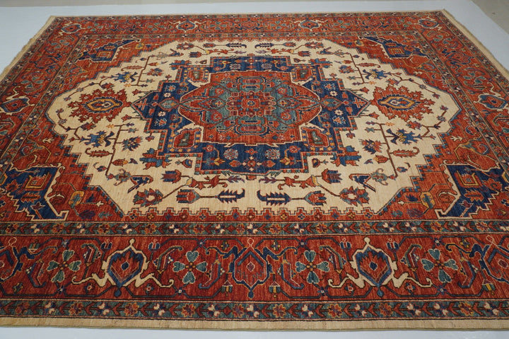 9x12 Heriz Beige Red Hand Knotted Wool Medallion Oriental Area Rug - Yildiz Rugs