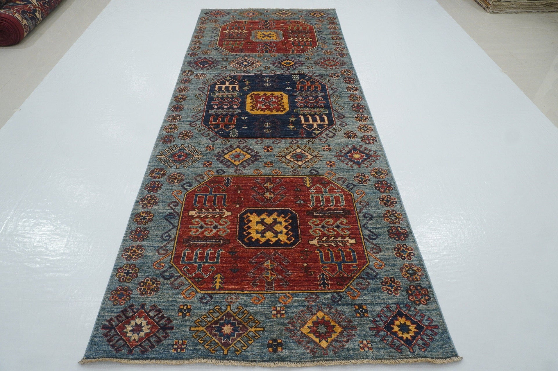 4x10 Kazak Blue Afghan Hand knotted Natural dyes wool Wide Runner Rug - Yildiz Rugs