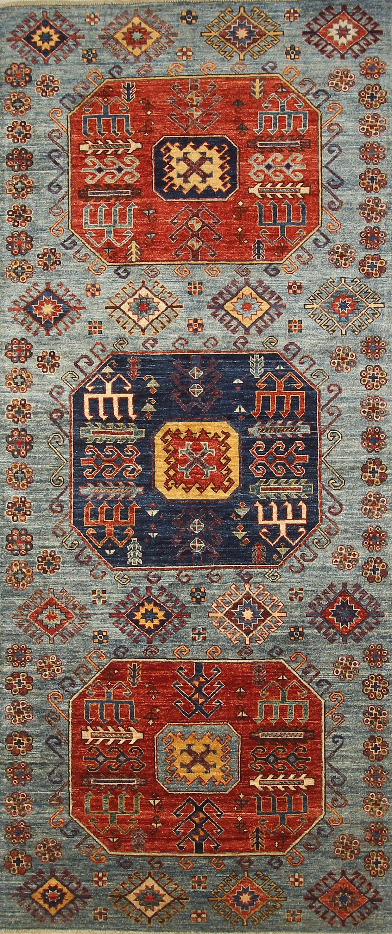 4x10 Kazak Blue Afghan Hand knotted Natural dyes wool Wide Runner Rug - Yildiz Rugs