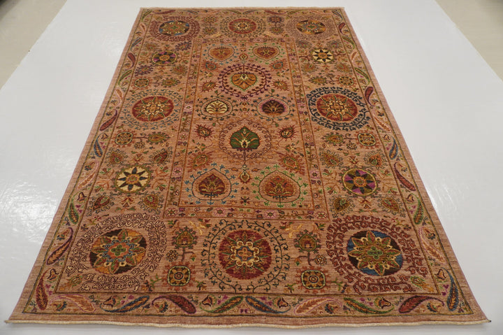 6x8 Floral Suzani Light Brown Afghan Hand Knotted Wool Area Rug