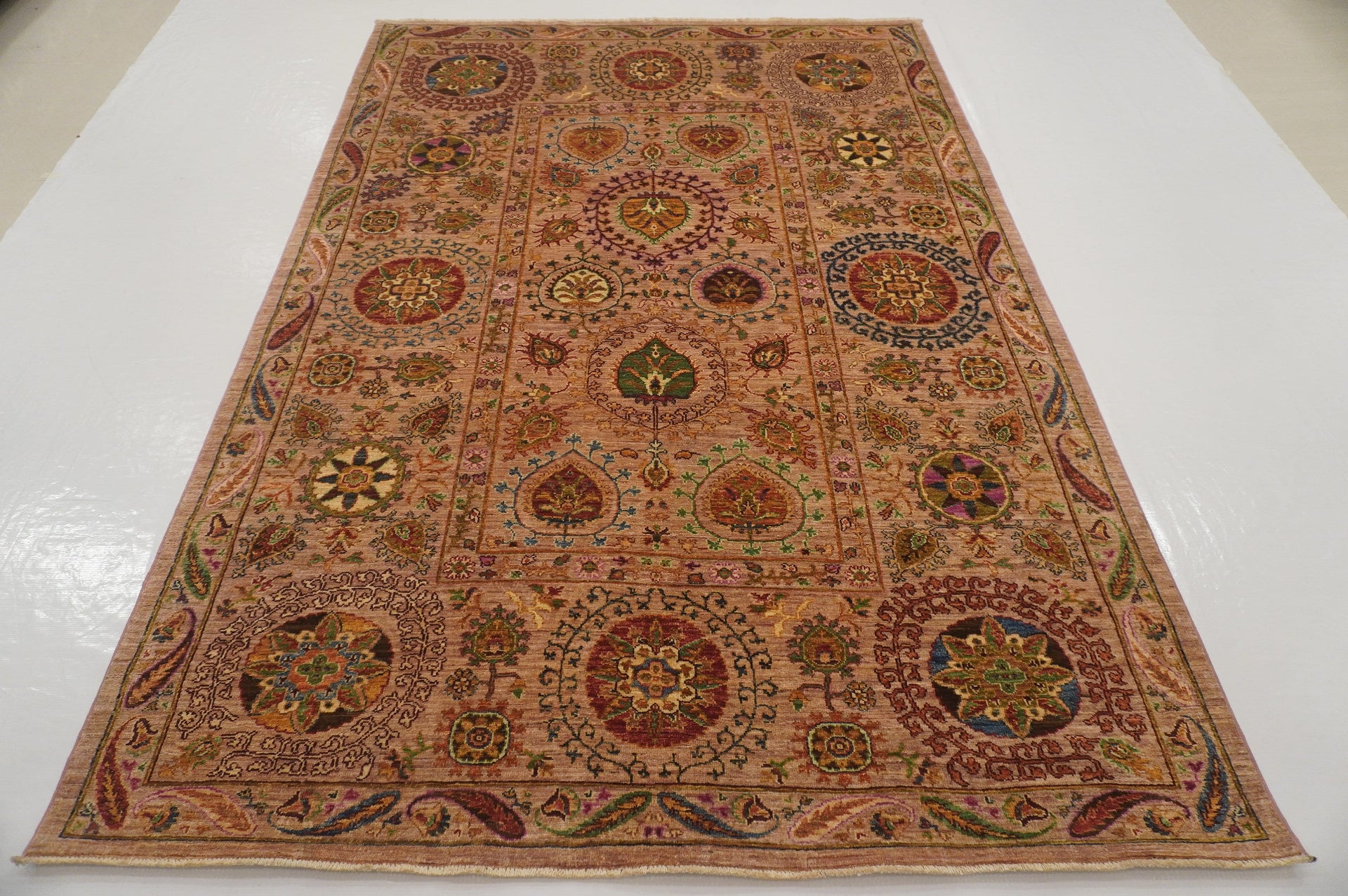 6x8 Floral Suzani Light Brown Afghan Hand Knotted Wool Area Rug - Yildiz Rugs