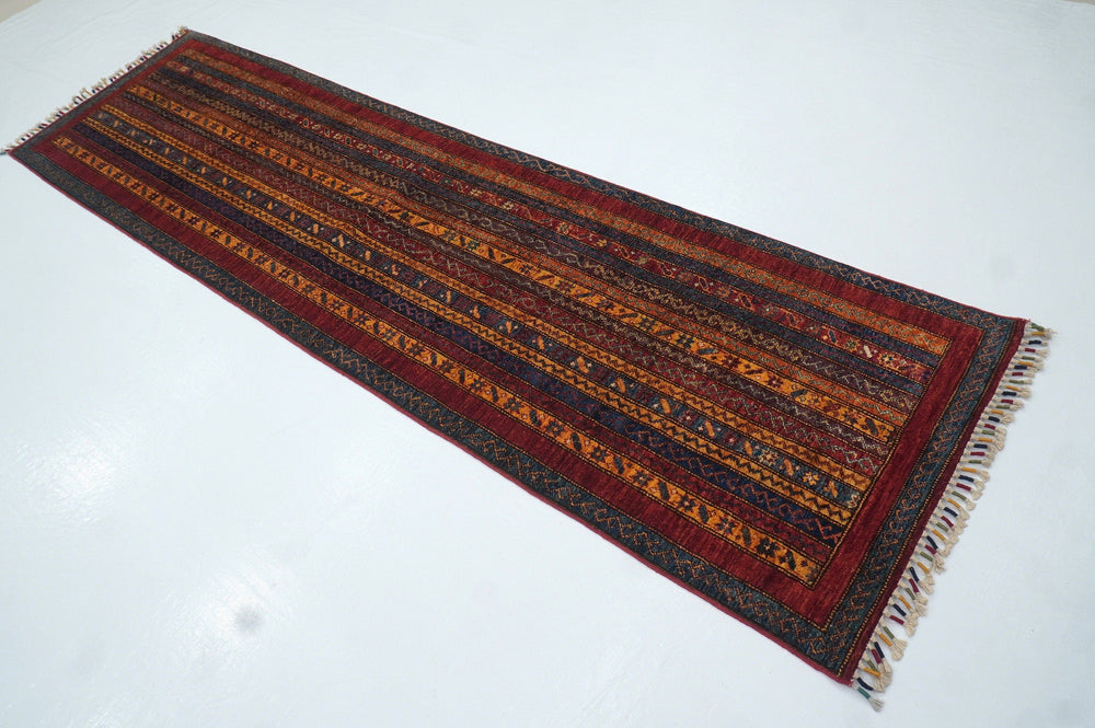 2'6x9'4 Red Turkish Striped Hand knotted wool Boho Runner Rug - Yildiz Rugs