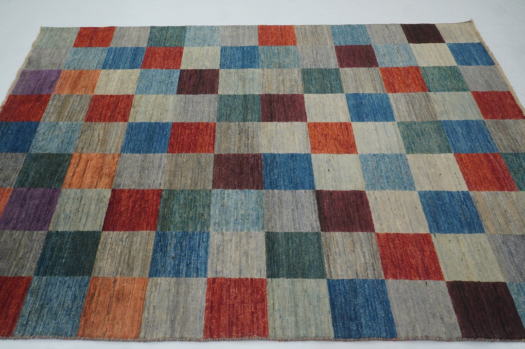 6x8 Checkered Gray Multicolor Gabbeh Afghan hand knotted wool Area Rug - Yildiz Rugs