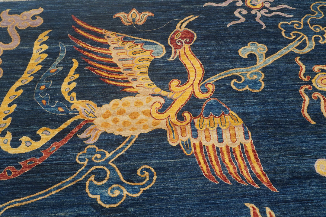 8x10 Dragon Phoenix Navy Blue Chinese Hand knotted Wool Area Rug - Yildiz Rugs