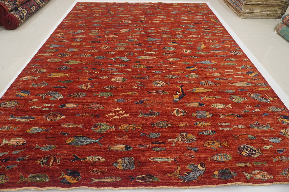 10x14 Fish Gabbeh Rusty Red Afghan Hand knotted wool Tribal Area Rug - Yildiz Rugs